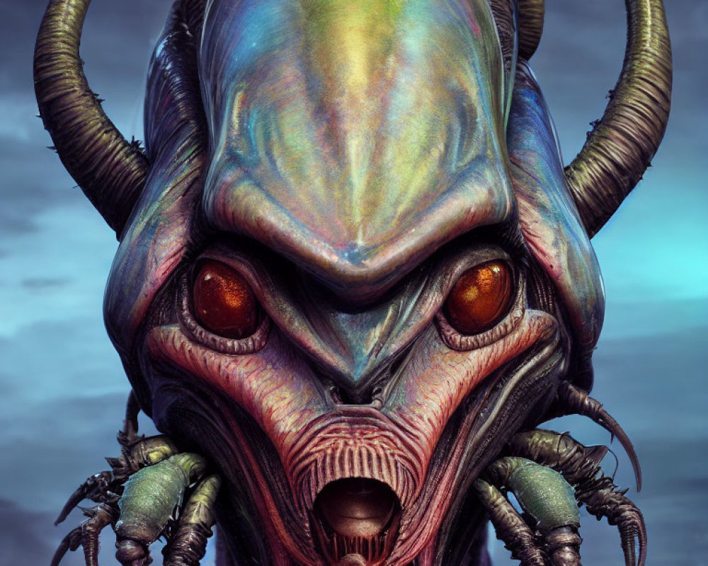 Iridescent Creature with Large Horns and Red Eyes Against Moody Sky