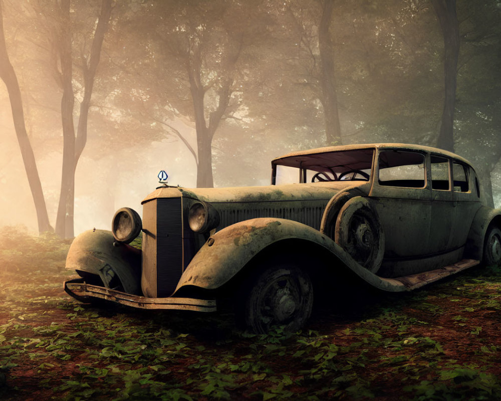 Abandoned car in misty forest with sunlight filtering through trees