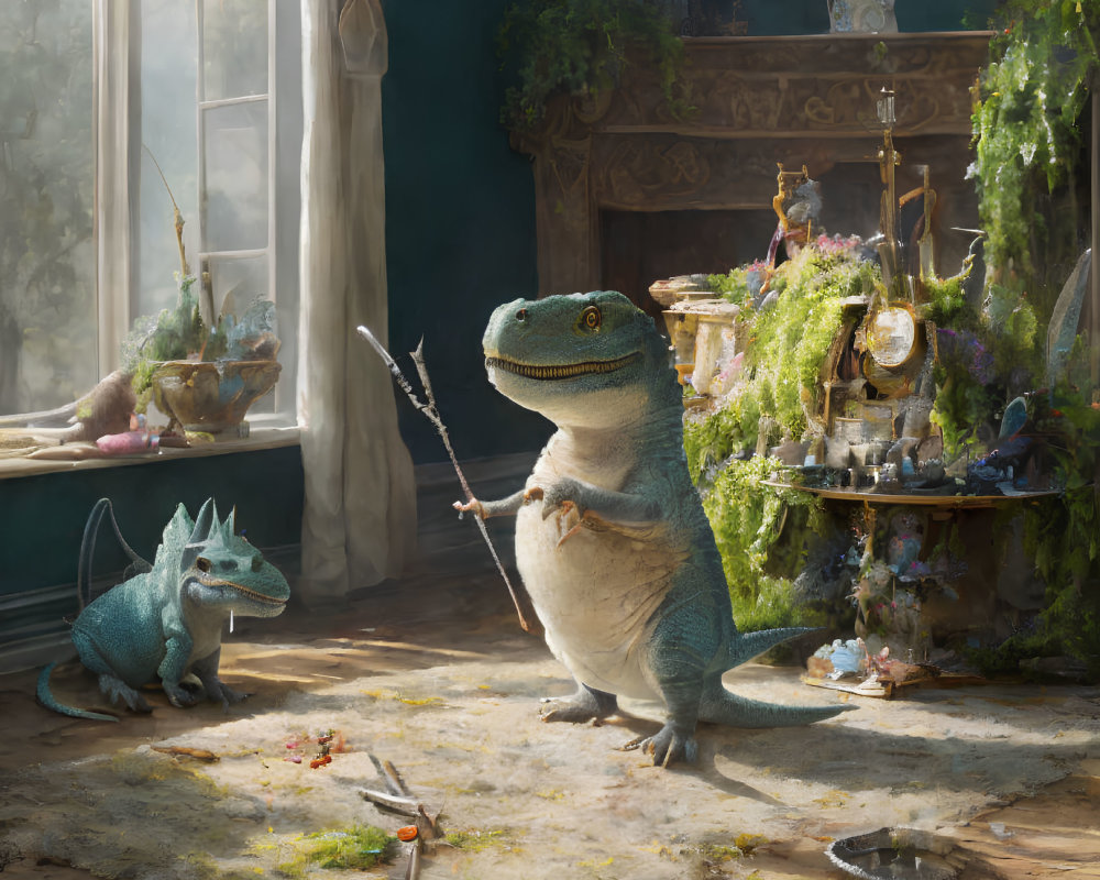 Anthropomorphic lizards in cozy room with sword and teacups