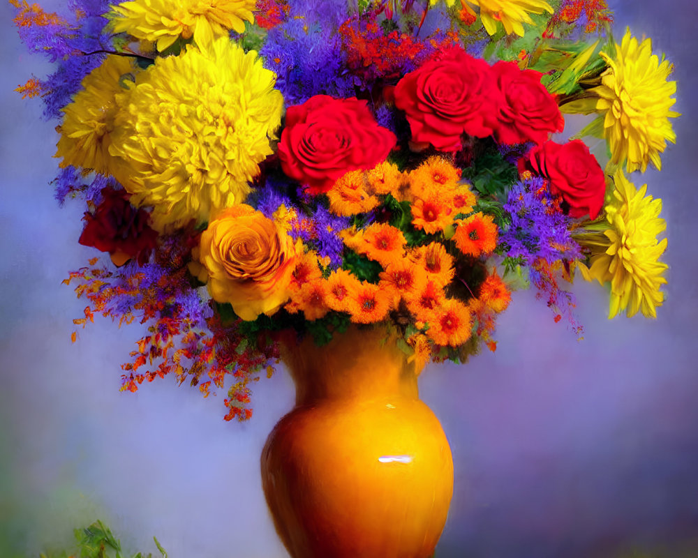 Colorful Flower Bouquet in Amber Vase on Purple Background