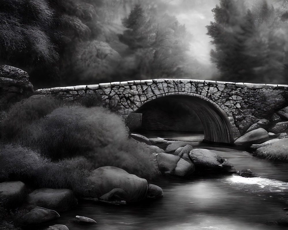 Monochrome photo of stream under stone arch bridge in misty woods