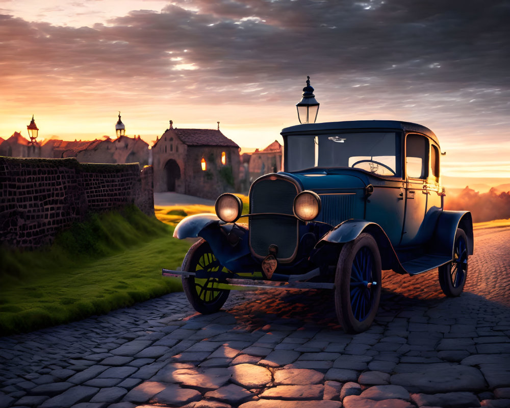 Classic Blue Car Parked on Cobblestone Road at Dusk