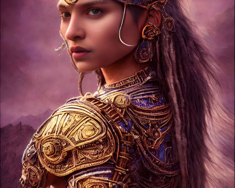 Detailed headpiece and golden shoulder armor on woman against mountainous backdrop