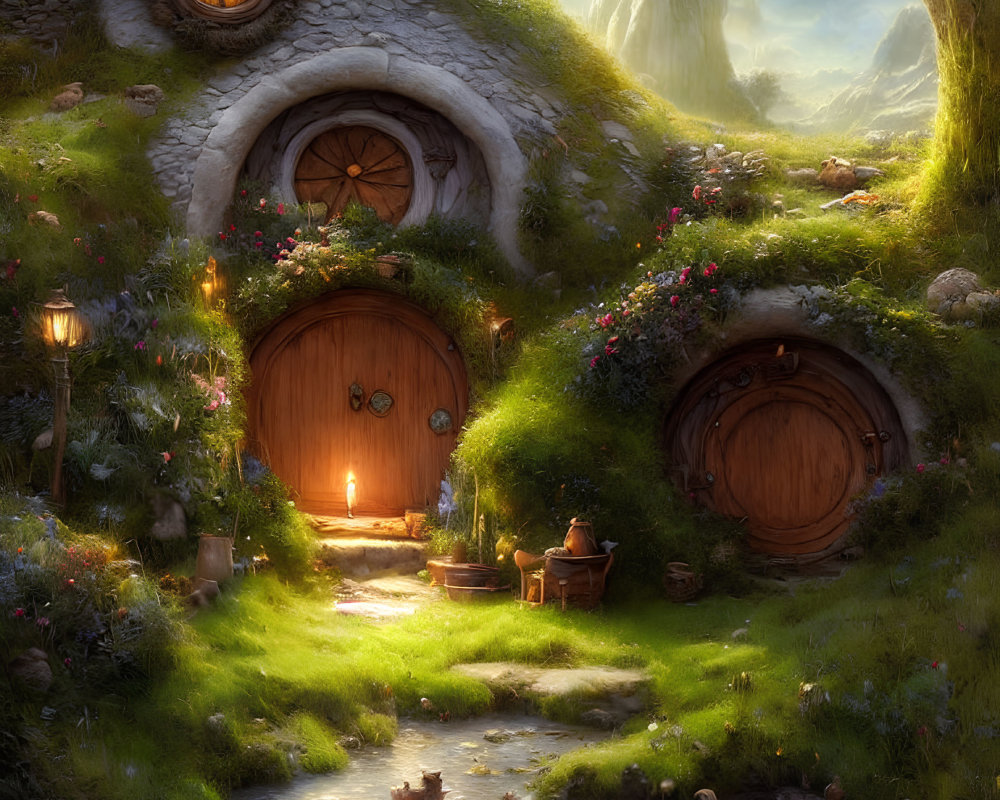 Fantasy Scene: Cozy Hobbit-like Homes in Lush Green Hills