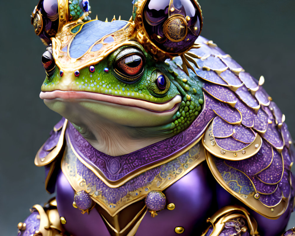 Detailed Stylized Frog in Regal Purple Armor with Gold Trim