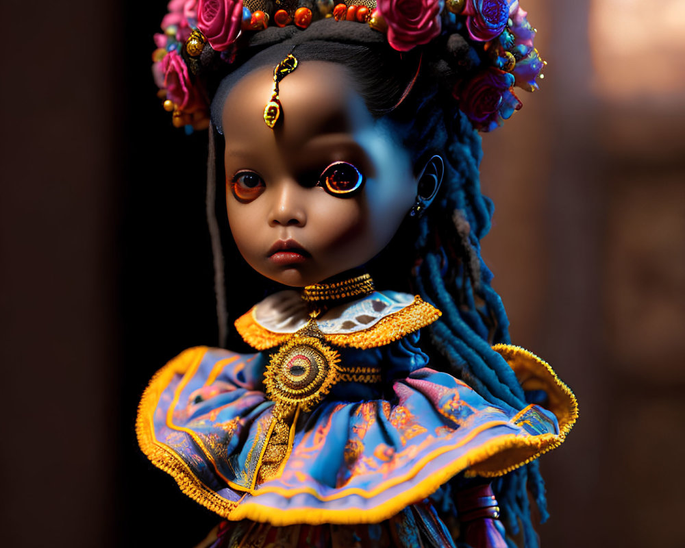 Colorful Traditional Costume Doll with Intricate Embroidery and Floral Headpiece