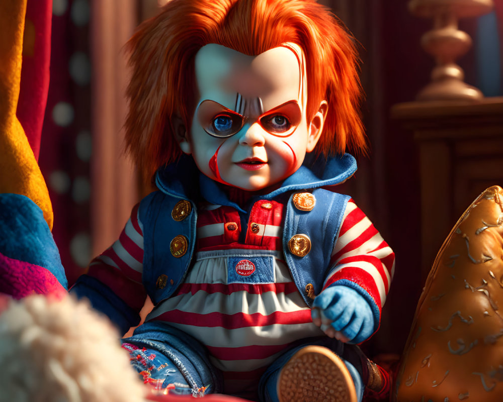 Detailed Chucky Doll Artwork on Colorful Couch