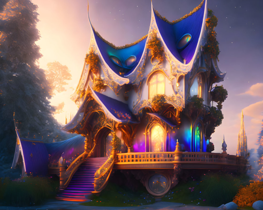 Fantastical illuminated treehouse in vibrant blue and purple hues