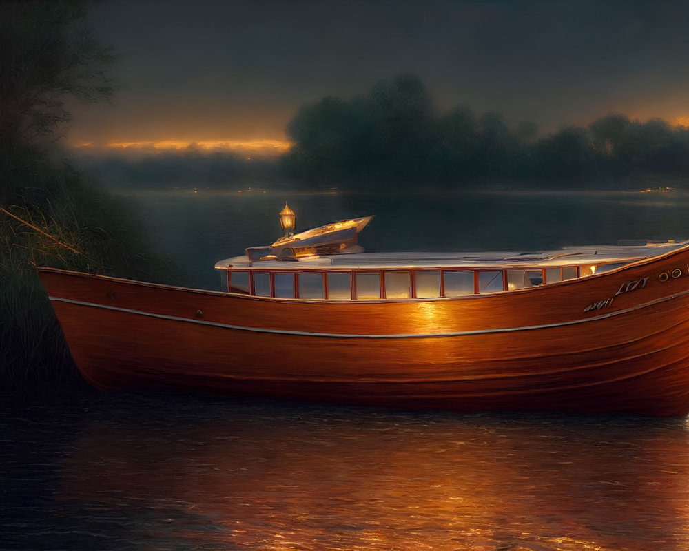 Vintage Wooden Boat with Lit Lanterns Moored at Tranquil Riverside