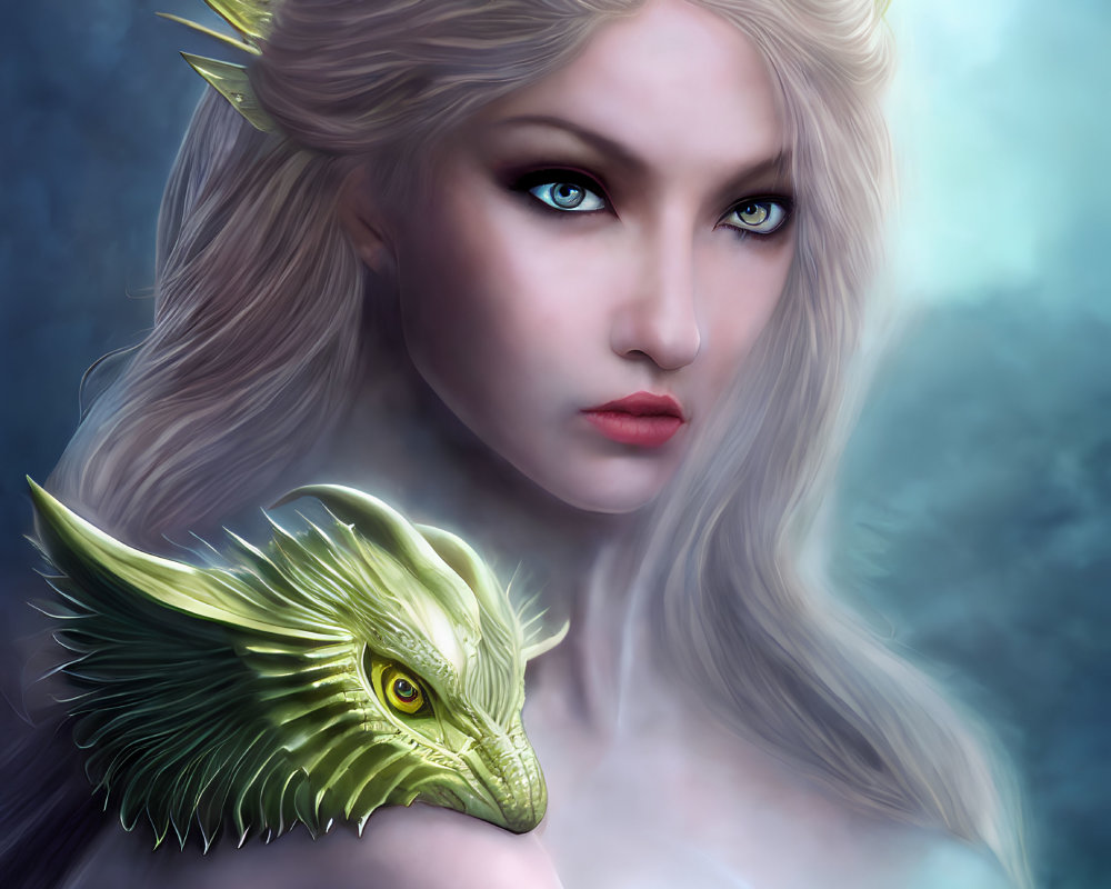 Fantasy illustration of woman with pale skin, icy blue eyes, white hair, golden dragon-like crown