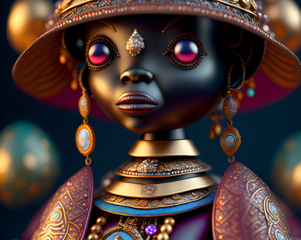 Detailed 3D character illustration: glowing red eyes, intricate golden jewelry and armor, with spherical object