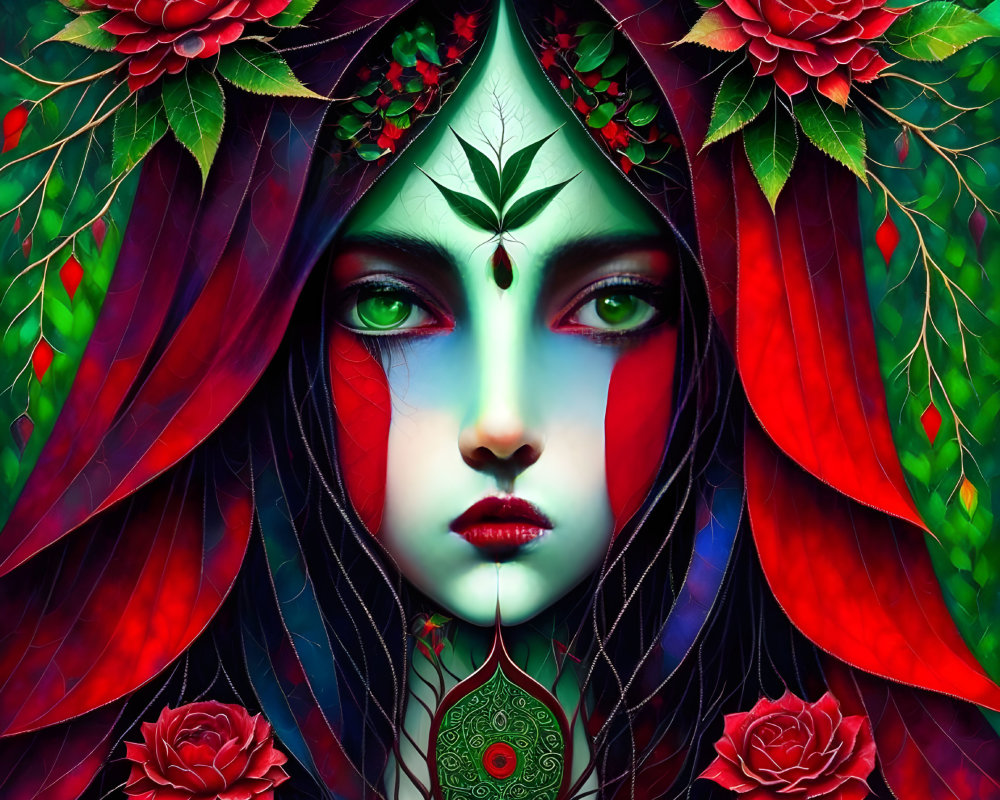 Digital artwork of woman with red hair, leaf patterns, green eyes, and roses - mystical forest theme