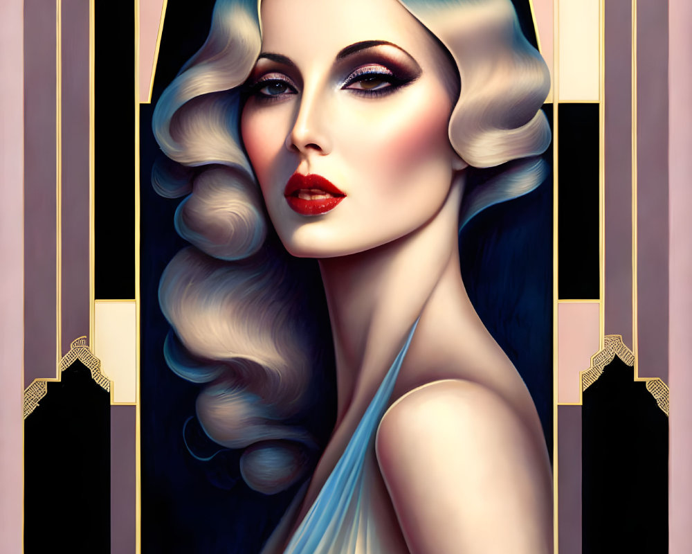 Art Deco Style Illustration of Woman with Blonde Hair and Red Lipstick