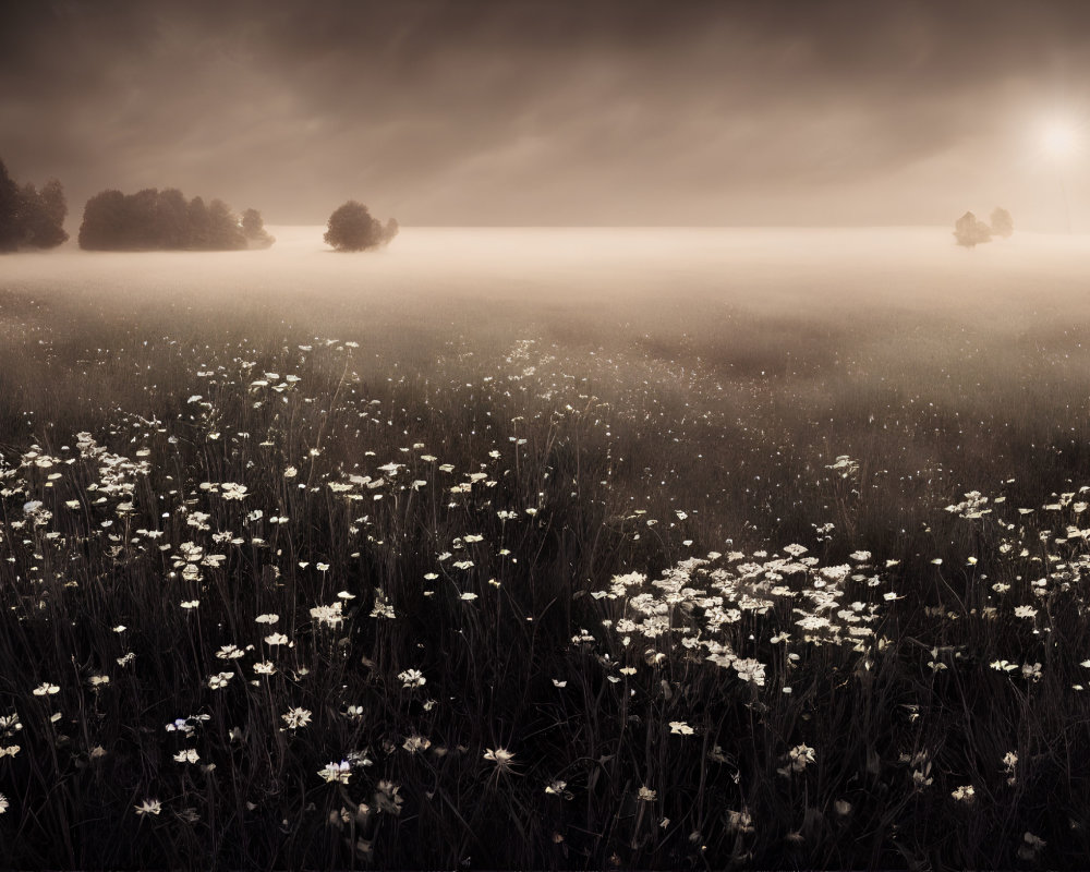 Sepia-Toned Field of Daisies with Trees and Misty Sky