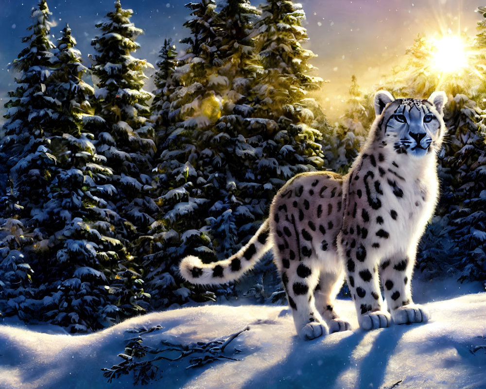 Snow leopard in snowy forest at twilight with setting sun.