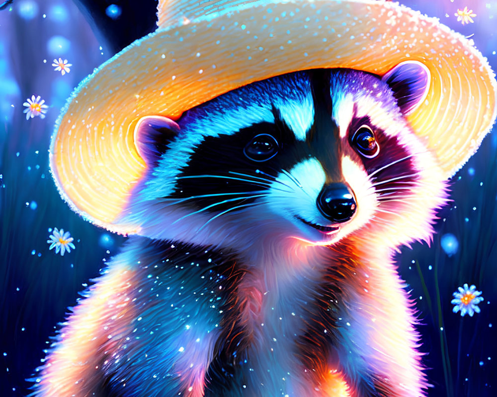 Vibrant raccoon in straw hat with glowing forest backdrop