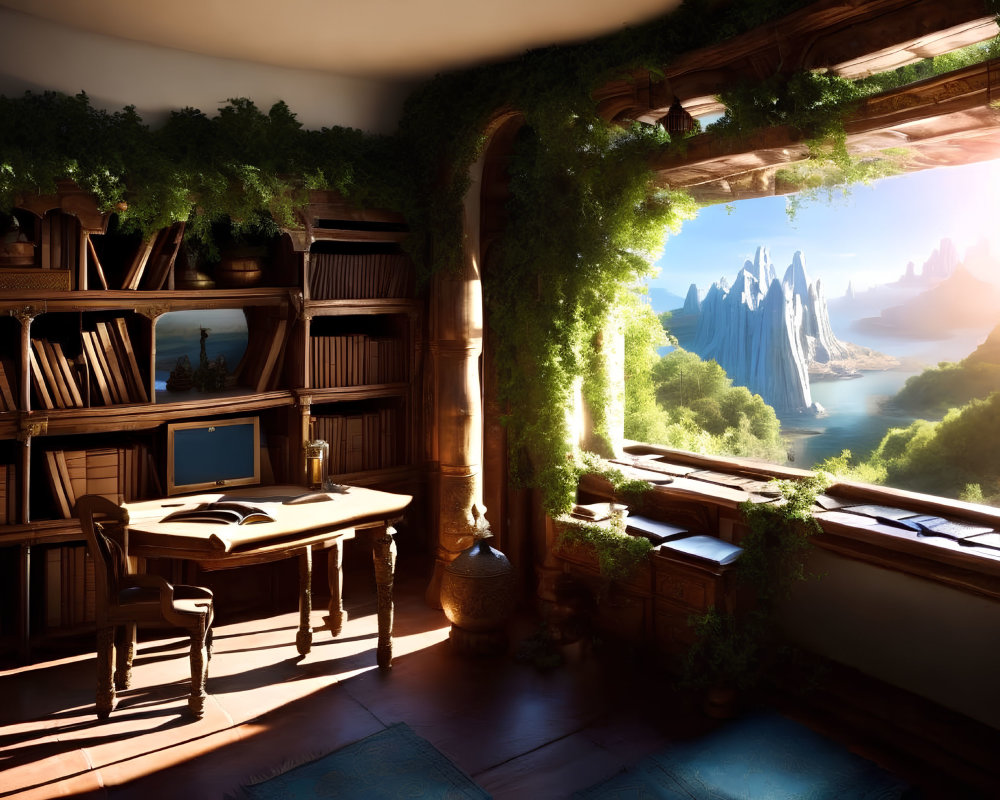 Tranquil study room with mountain view, desk, chair, bookshelves