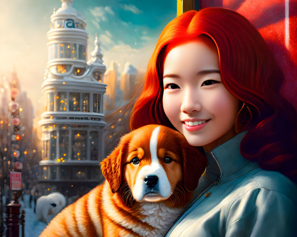 Smiling woman with red hair cuddling Bernese Mountain Dog puppy in city setting