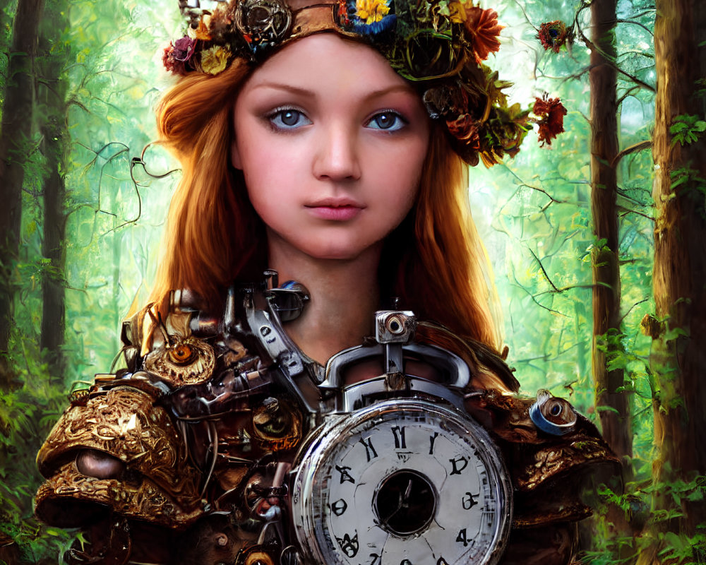 Digital Artwork: Young Woman with Red Hair, Blue Eyes, Floral Crown, and Steampunk