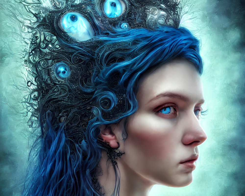 Vibrant blue hair and luminous eyes in surreal portrait