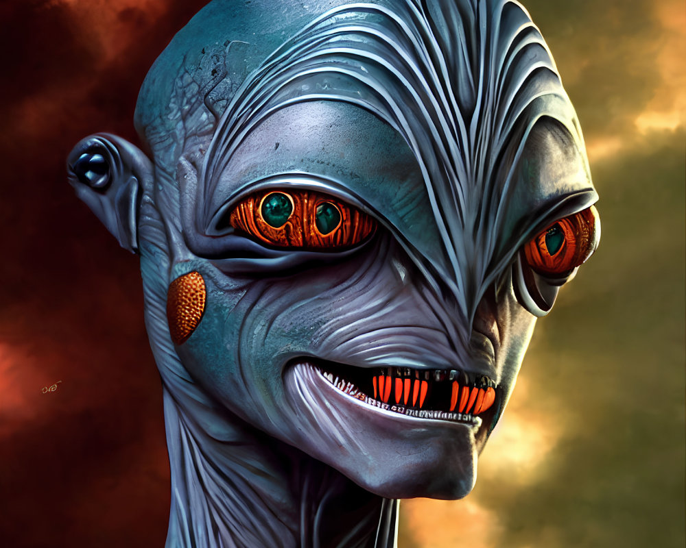 Alien creature with blue-gray skin and orange eyes on fiery background