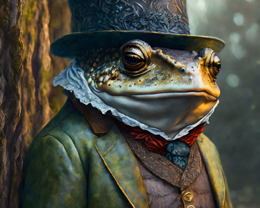 Anthropomorphic frog in Victorian attire leaning on tree trunk