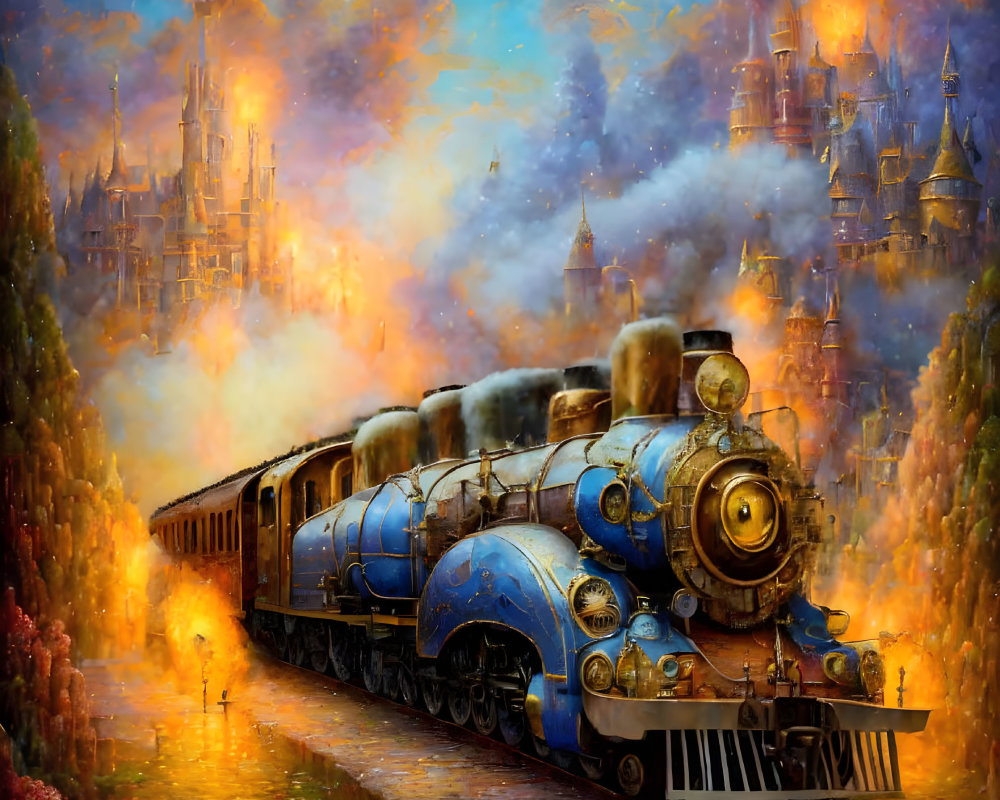 Colorful vintage steam train painting with castle city and blossoming flora.