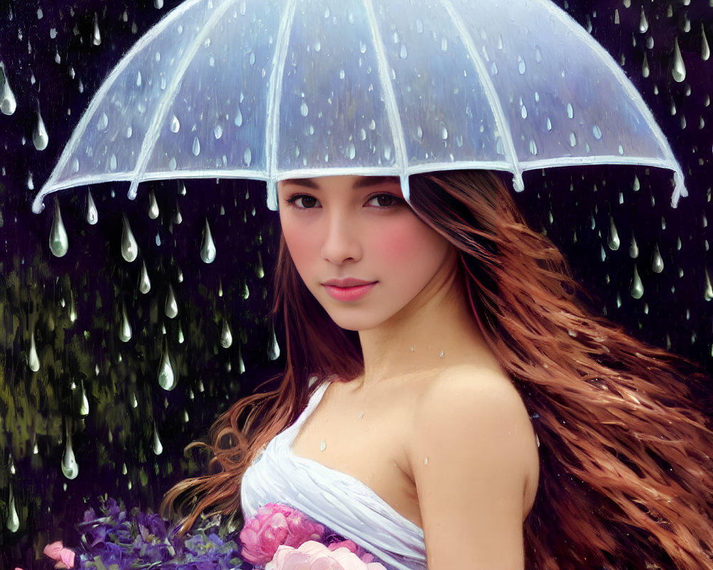 Woman with Long Hair Holding Transparent Umbrella in Falling Rain, Serene Look, Flowers Background