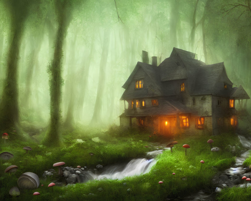 Enchanting house in misty forest with warm light and greenery