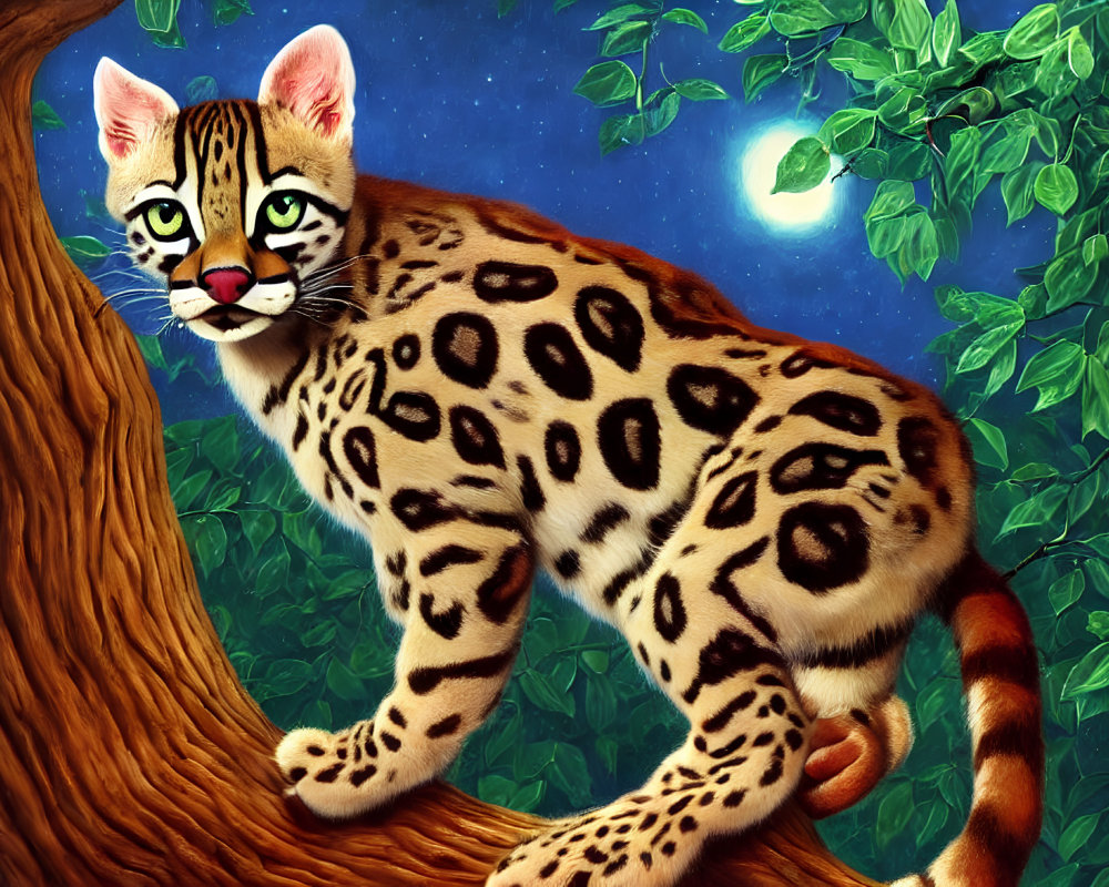 Digital Artwork: Ocelot with Spots on Tree Branch, Night Sky