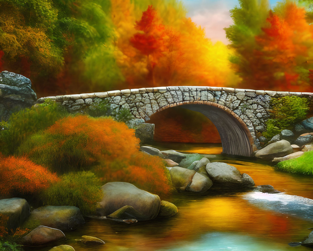 Serene stone bridge over autumn stream with sunset glow