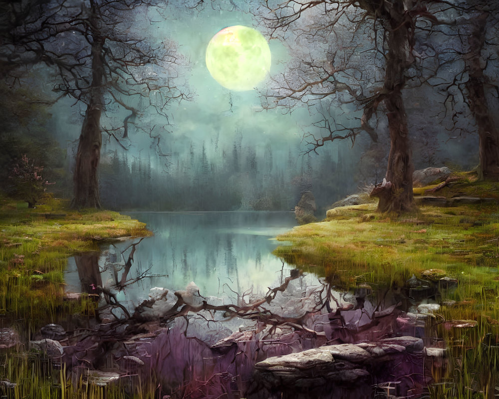 Mystical forest scene with glowing full moon and tranquil lake