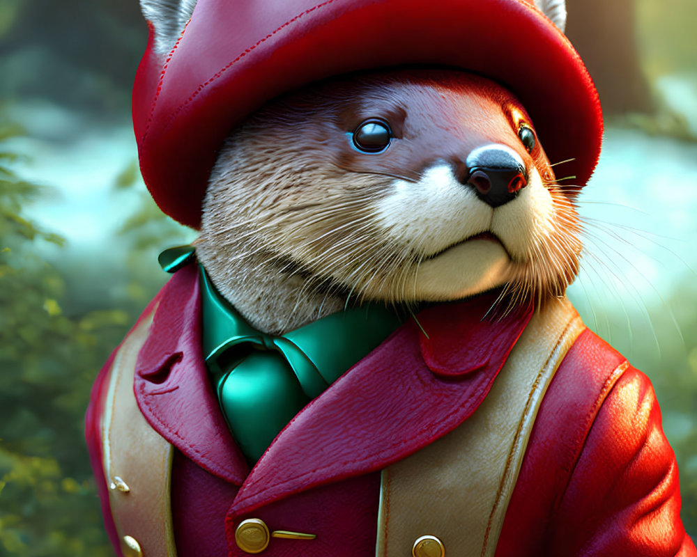 Stylish anthropomorphic otter in red leather jacket and cap in sunlit forest