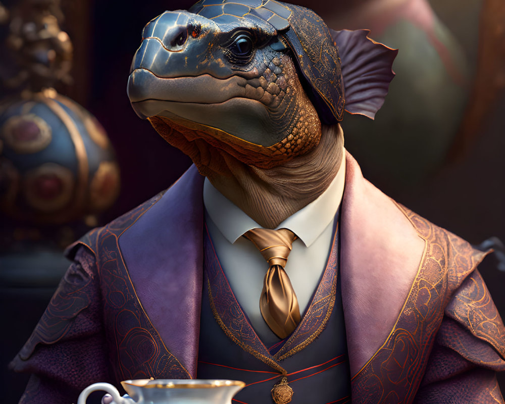 Sophisticated humanoid turtle in suit and tie enjoys tea at table