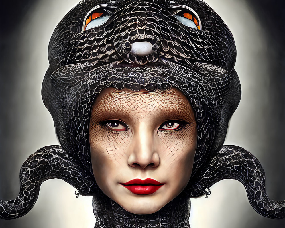 Person with stoic expression wearing coiled snake headdress with orange eyes