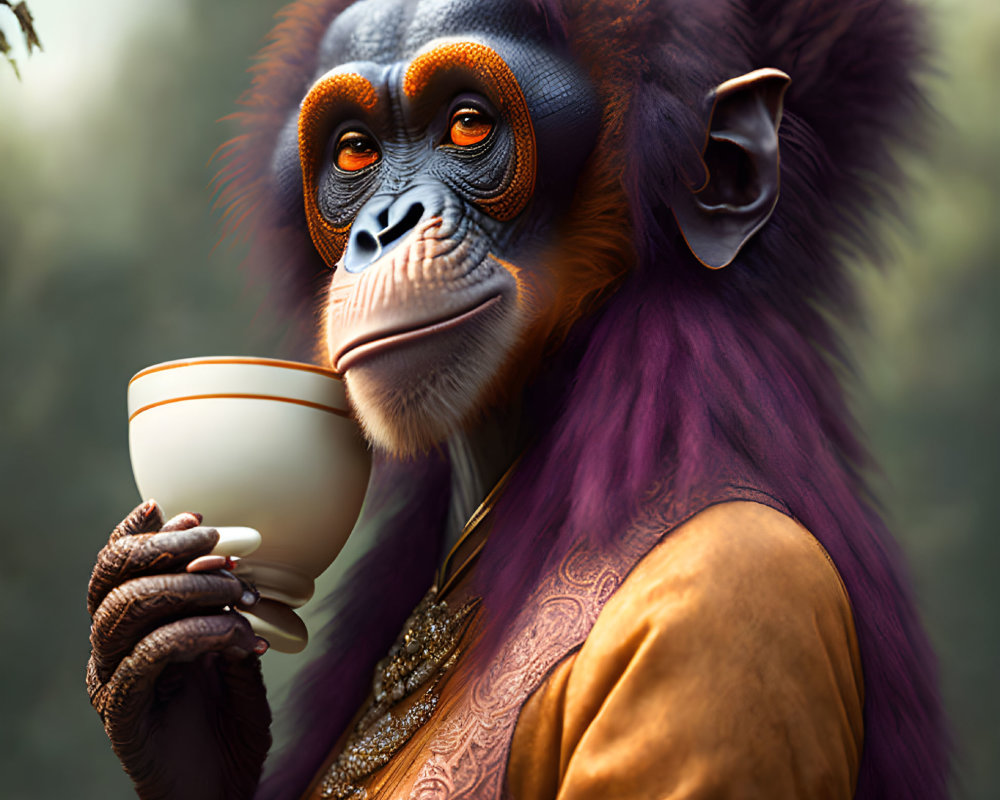 Purple-furred monkey in stylish outfit holding teacup in forest