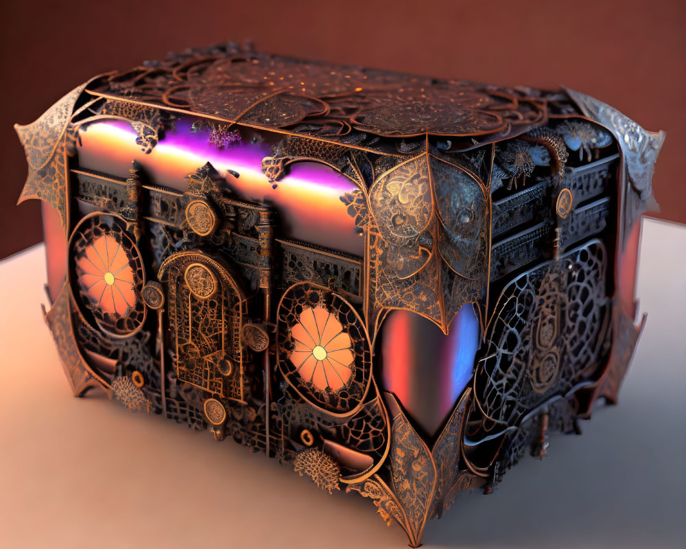 Intricate mystical chest with glowing accents on reddish-brown background