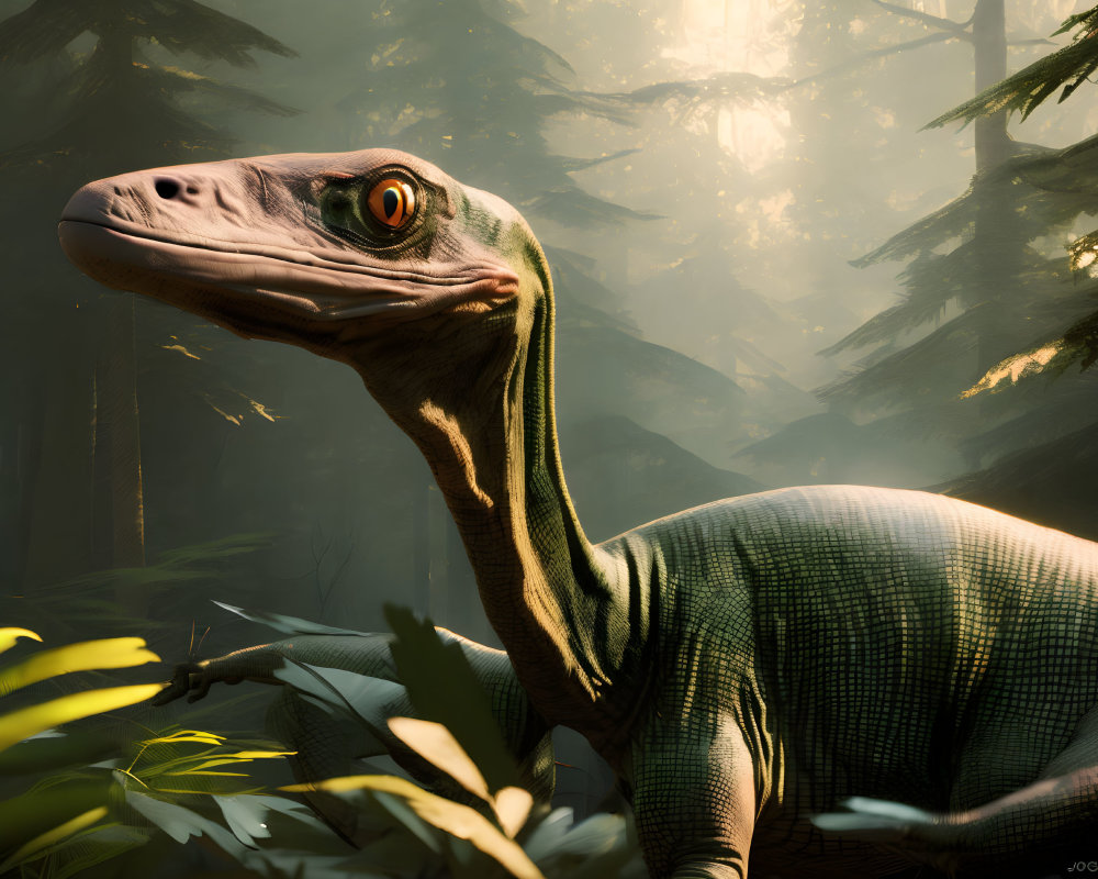 Detailed dinosaur illustration in lush forest with piercing eyes and sunlight.