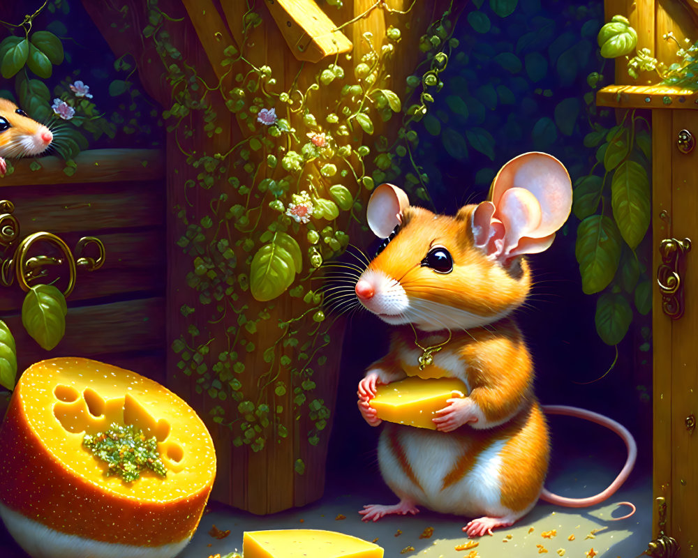 Detailed Illustration of Mouse with Cheese and Wooden Elements