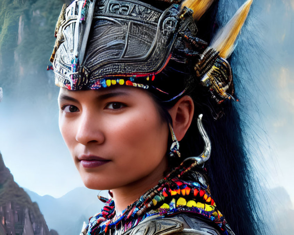 Elaborate traditional attire with feathered headdress and metal armor against mountain backdrop