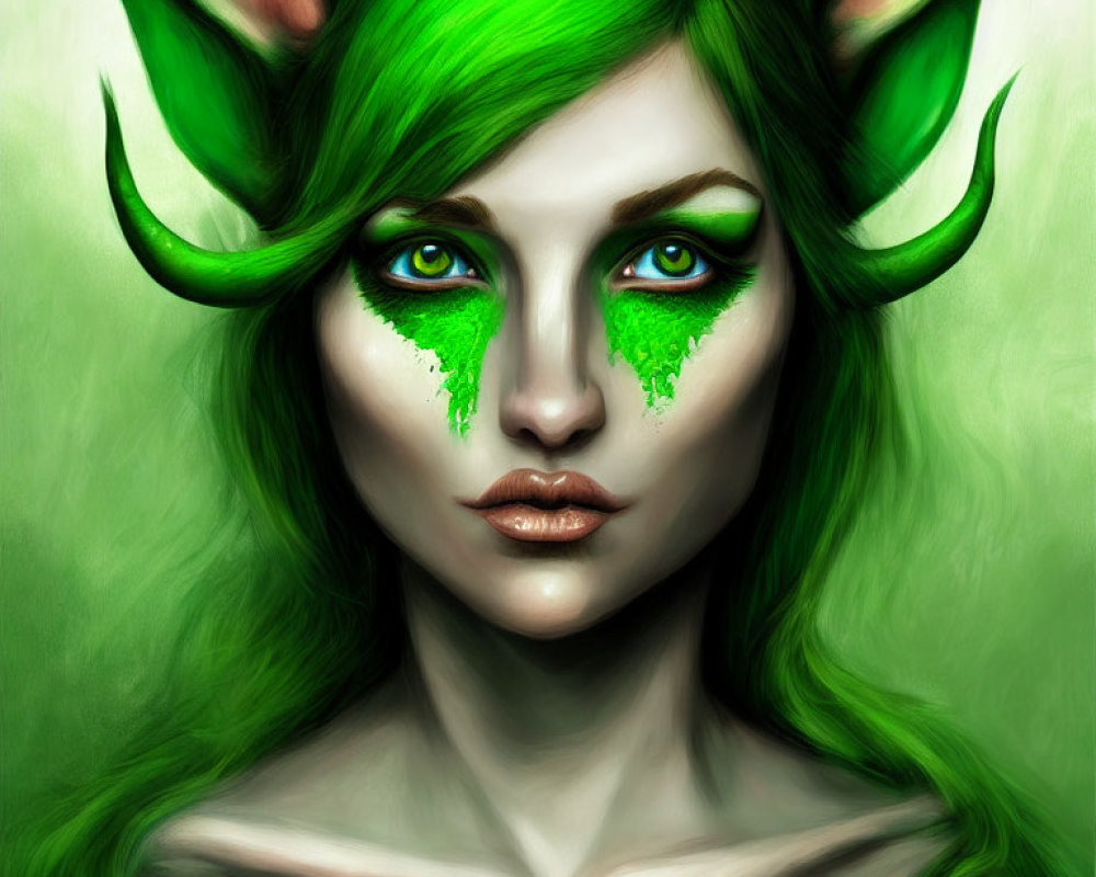 Fantasy illustration of a woman with green hair and pointed ears