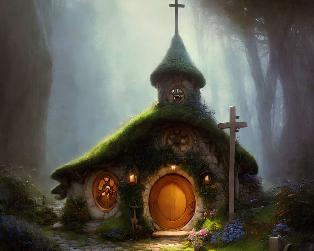 Thatched Roof Cottage in Enchanted Forest Mist