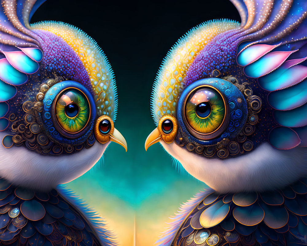 Vibrant bird-like creatures with intricate feathers and expressive eyes.