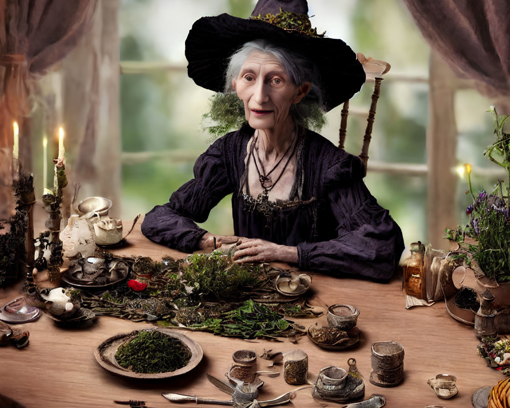 Elderly woman in witch costume at table with candles and potion ingredients