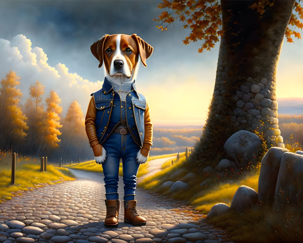 Dog in Denim Jacket Stands on Cobblestone Path at Sunset