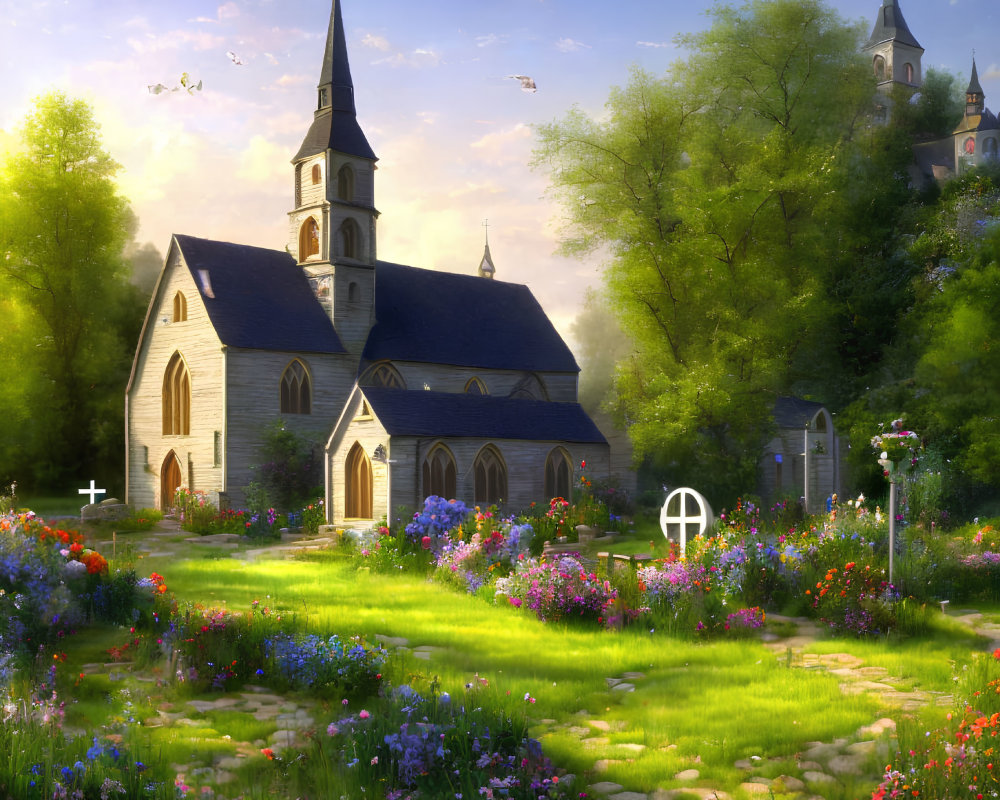 Tranquil illustration: Stone church, gardens, clear sky, birds