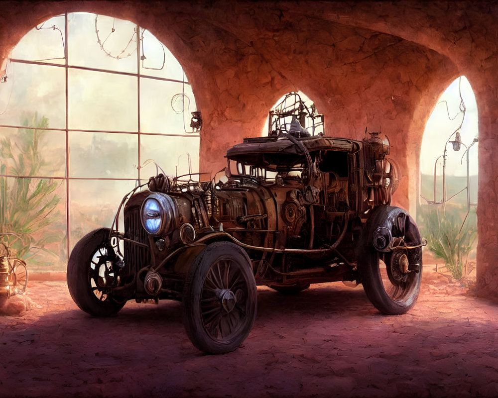 Detailed Steampunk-Style Car in Arched Hallway