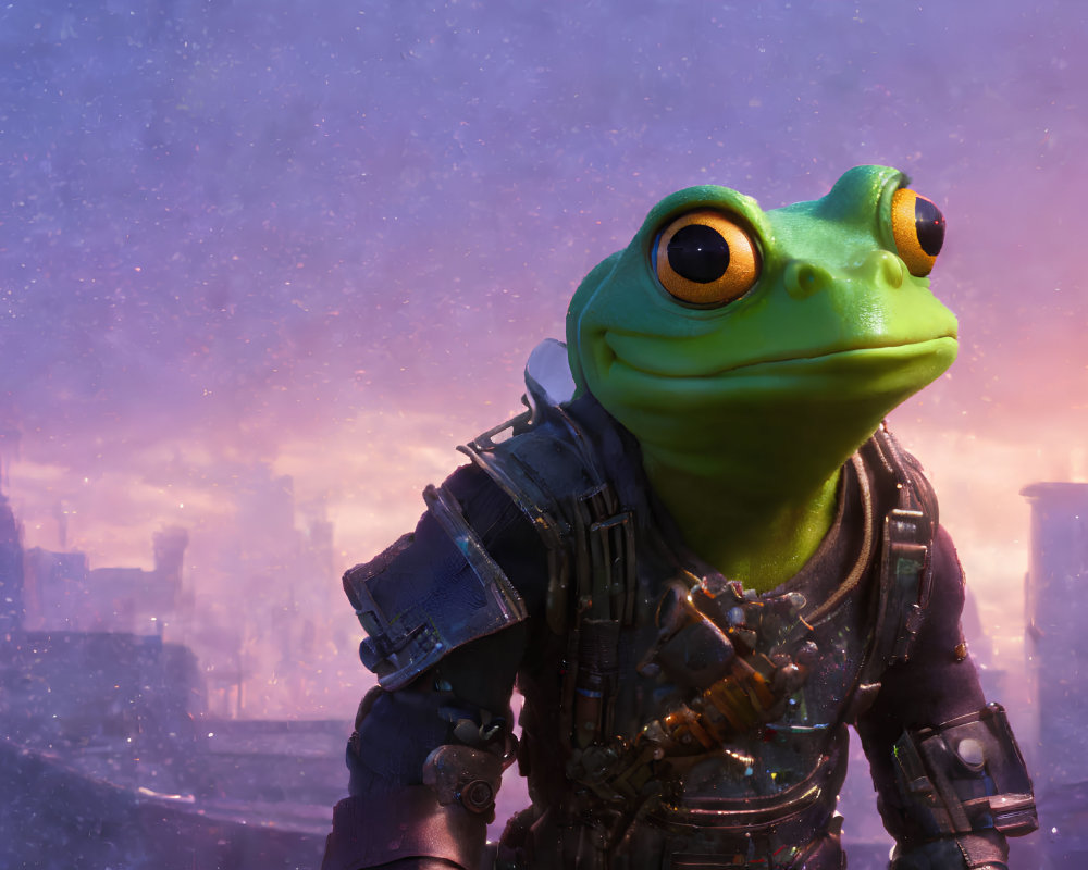 Detailed anthropomorphic frog in futuristic outfit with dystopian cityscape at twilight