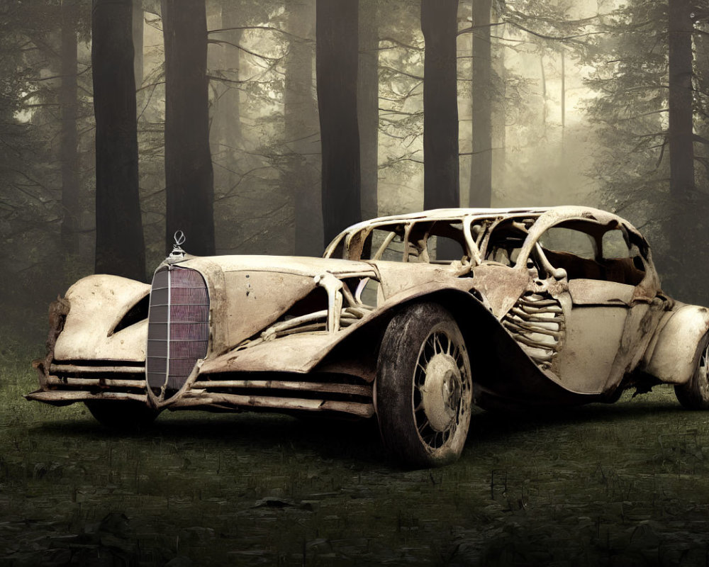 Vintage Car with Skeletal Remains in Misty Forest