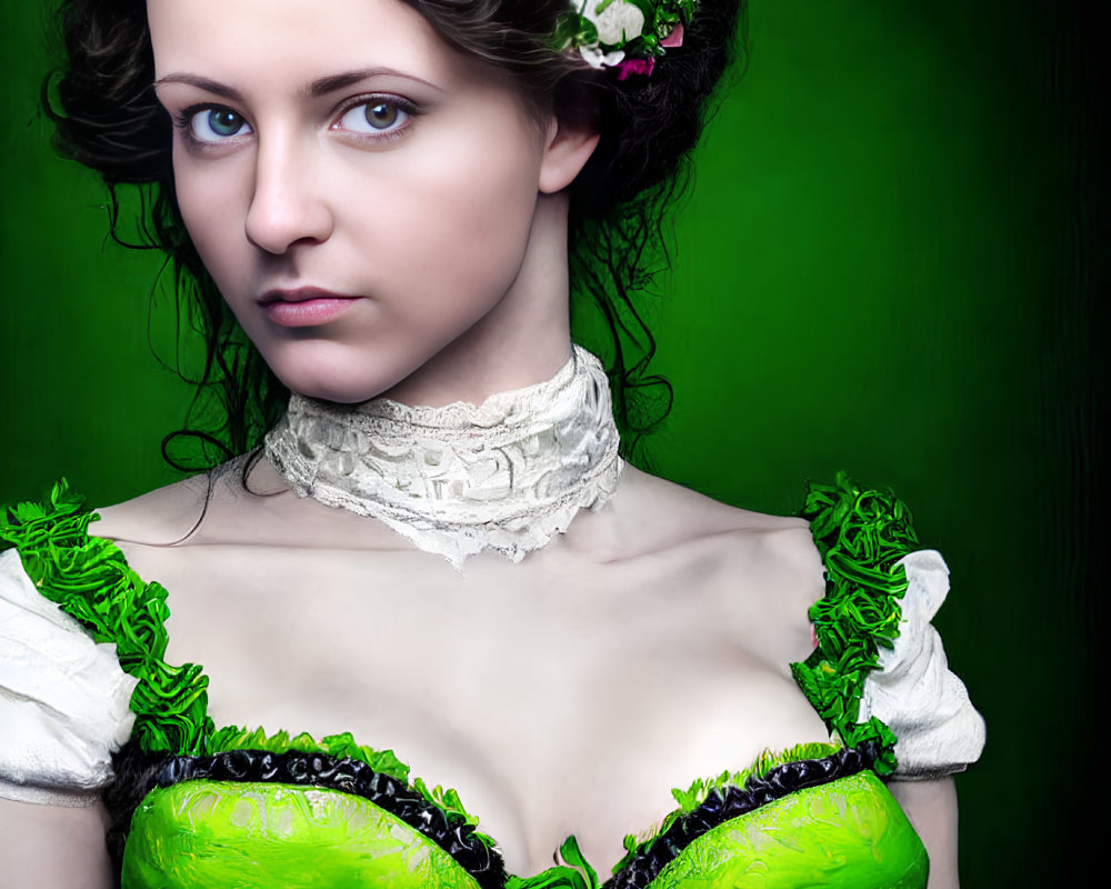 Woman with floral crown and green corset on green background